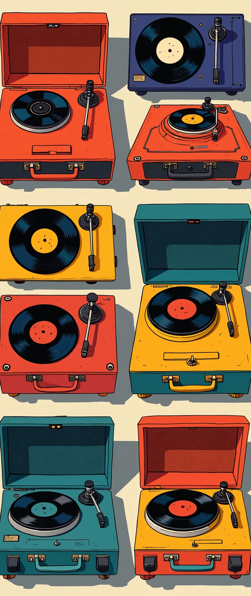 (masterpiece:1.2,Superior Quality,Mirror-like, cinematic experience, best illustrations),8k,16k,wallpaper,Vintage Record Player,(Mr.々Coloured vintage record players are arranged in a square:2.0), colorful ,Rainbow Records, Vector Art , flat design 