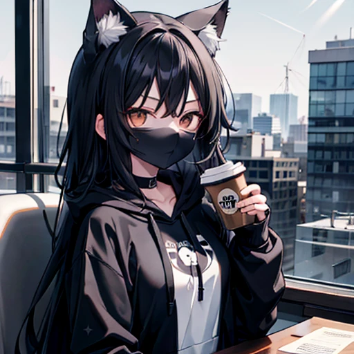 One girl, black hoodie, long hair, beautiful face, cool, intimidation, black hair, drinking coffee, window, cat ears, anime girl, heroine, evil
