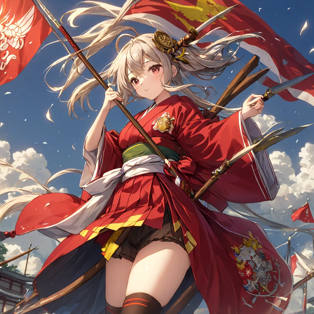 (   Very Detailed CG Octane Rendering 8K Wallpaper with Long Spears ),   World's Most Beautiful Artwork  ,  A flag with a coat of arms attached to a long spear,  complicated,   high detail,  long red hakama ,,  Japanese Kimono, cotton cloth,  Strong winds, tights ,   best quality, Disarray of clothing,   thighs,、 with a flag attached to a long spear 、、Ramparts、Bloomers
