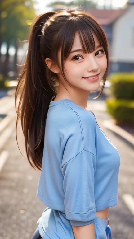 (Highest quality, 32k, High resolution, Masterpiece:1.5, ), marimo_jet, god々A photograph with brilliant dazzling and healing power., Evoking a sense of calm and elusive beauty, Expressing emotions, Have a rich imagination, The road to the horizon, Nostalgic scenery of youth, Beautiful Japanese Girls, An exceptionally beautiful face, Small Face Beauty, Perfect Human Anatomy, Magical big eyes, Motherhood and generosity, Deep Love, fleeting smile, ((Shiny brown hair:1.1)), ((A beautiful ponytail swaying in the wind)), Asymmetrical bangs, Hair between the eyes, Transparent, soft white skin, Sharp eyebrows, Thin lashes, Natural Makeup, Cheek highlighter, Pale pink detailed lips, (Blue T-shirt:1.3), ((High resolutionの美しい太もも, Beautiful legs), ((Narrow country road)), Beautifully detailed skies, Professional Photographer, Professional Lighting, Professional Model
