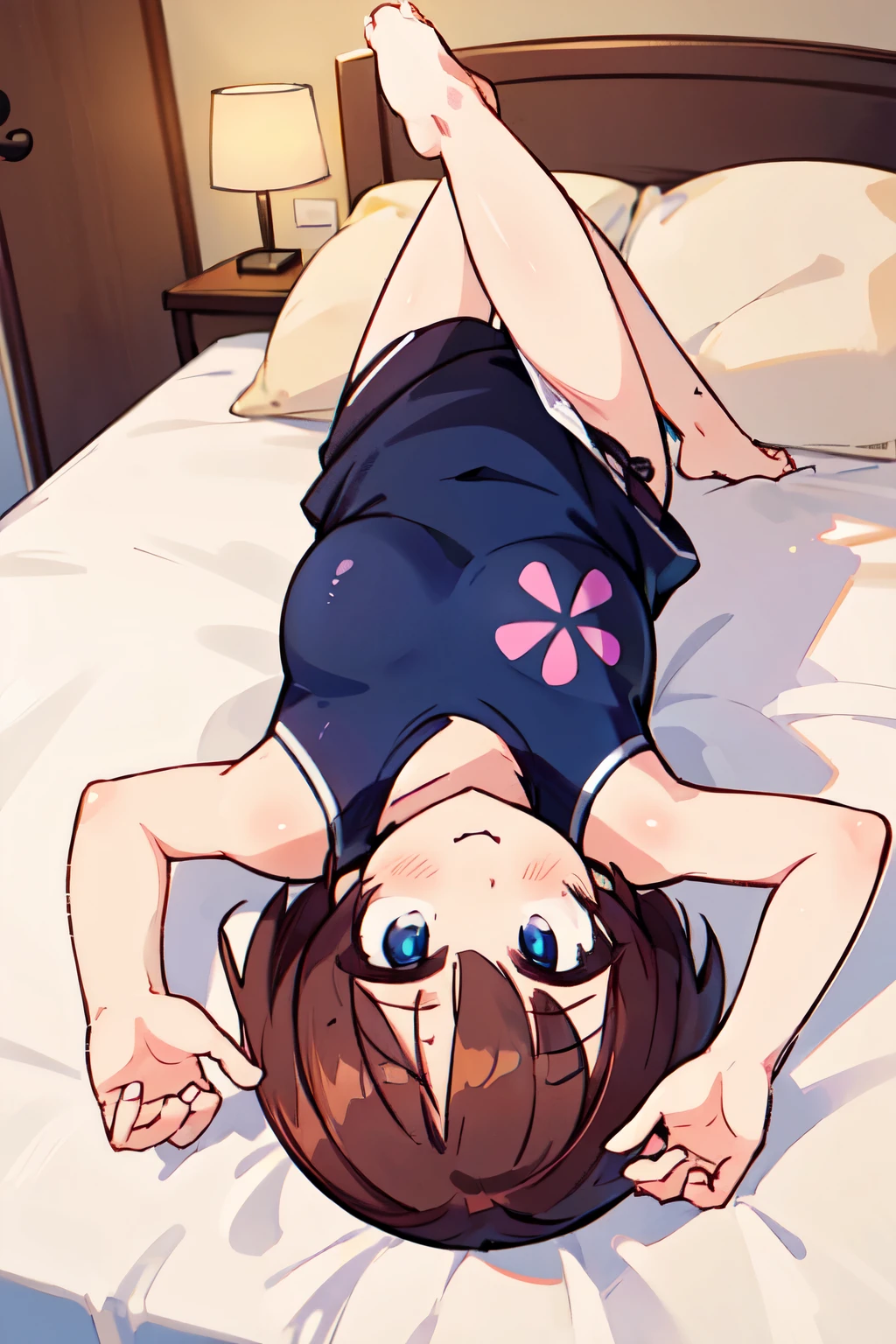 Helga Haruka,  blue eyes,  review,  Shorthair,  swimsuit,  1 girl, blush， love hotel bed