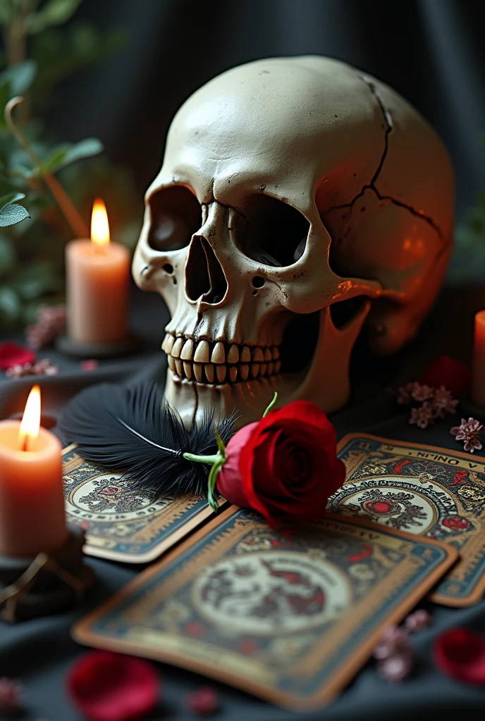 Image of witchcraft tools with cards, calaveras, candles, etc