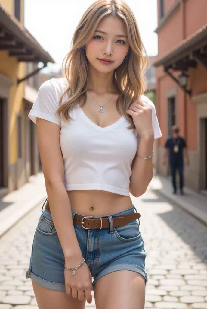 1girl,gal,sexy girl,highest quality:1.2,Very detailed,Latest,Vibrant,masterpiece:1.2,highest quality,Best aesthetics,gyaru,gyaru-style makeup,(brown skin:1.3),(tanned skin:1,3),(blonde),Long Hair,blunt bangs,wavy Hair,(thick thighs),medium breasts,(lots of pierced earrings,silver chain necklace,silver bracelet,(bare belly button,belly piercing),smile,model pose,white cropped T-shirt,cleavage,necklace,(blue denim shorts with a brown belt),cobblestone streets and historic buildings are in the background