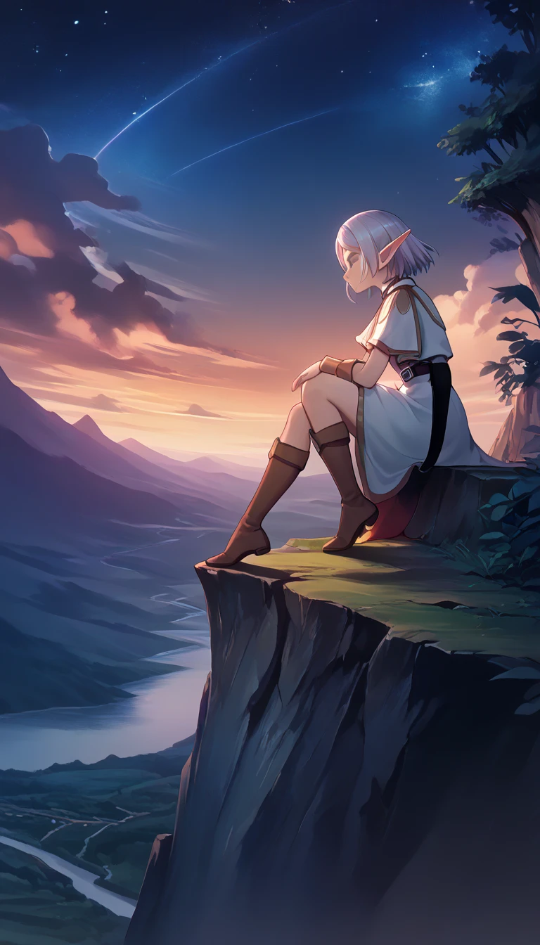  ((( elf girl sitting on the edge of a cliff 1.9))),  sitting on the edge of a cliff ,It seems like it's falling even now ,Frielen,(((Elf 1 .9))),profile, super high definition ,8k,Spectacular views,evening,Akane Sora , starry sky ,cloud, Detailed Illustrations,  masterpiece , Official Art, One Shot,High-resolution wallpapers,motion blur,