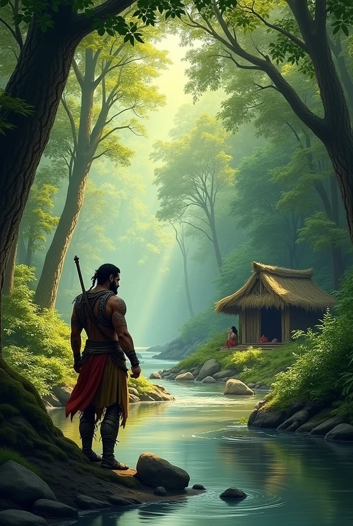 A lush, dense forest with sunlight filtering through tall trees, creating a peaceful atmosphere. The scene is set around a calm, flowing riverbank where King Parikshit arrives, thirsty and tired after hunting. The background includes a small hermitage with a humble hut, where the sage Shamik is meditating.

The male character has tribal tattoos, armor
