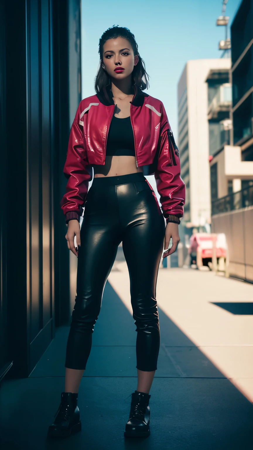 woman in her 20s, chunlims, (perfect face), defined jawline, beautiful brown eyes, beautiful lips, (afro hair), (perfect anatomy), (athletic body), (sexy), (thick thighs), (perfect hands), (crop, black bomber jacket with Pink track pants), sci-fi, looking at viewer, (medium full shot photograph), (cyberpunk background), realistic, teal and orange lut