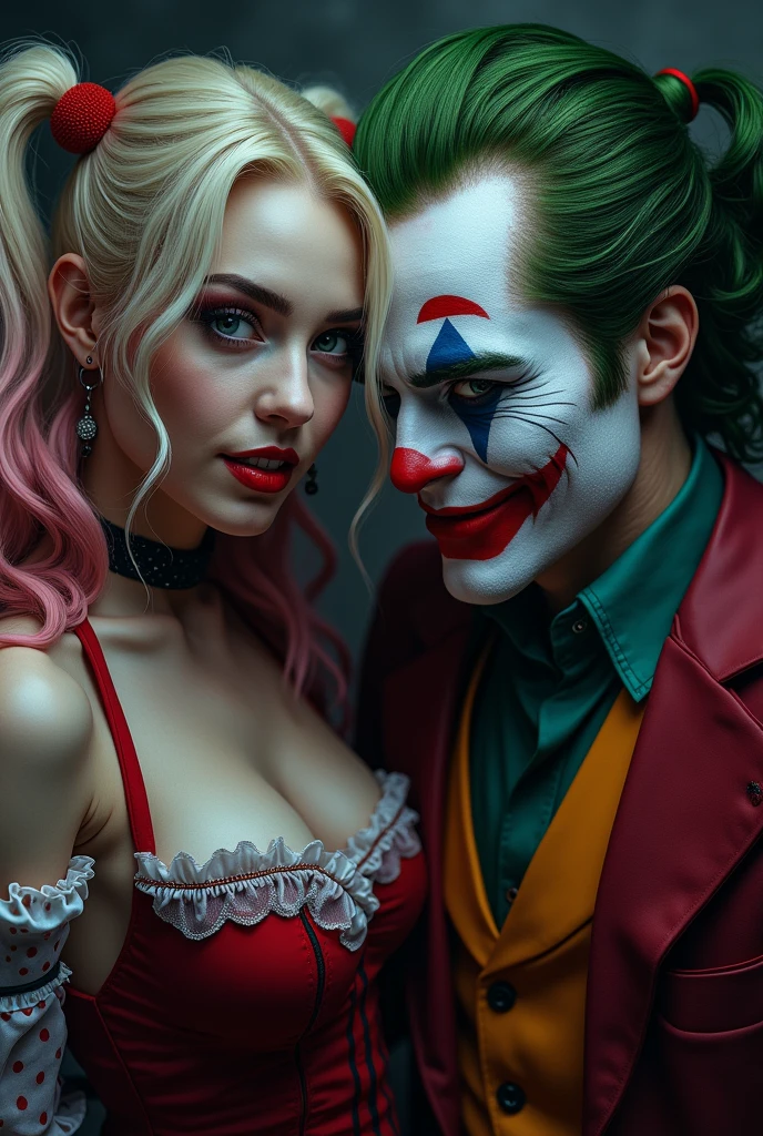 a detailed photorealistic illustration of Harley Quinn and the Joker, extremely detailed facial features, beautiful detailed eyes, beautiful detailed lips, extremely detailed skin texture, beautiful dress, dynamic action pose, dark moody colors, dramatic lighting, cinematic composition, intricate background details, (best quality,4k,8k,highres,masterpiece:1.2),ultra-detailed,(realistic,photorealistic,photo-realistic:1.37)