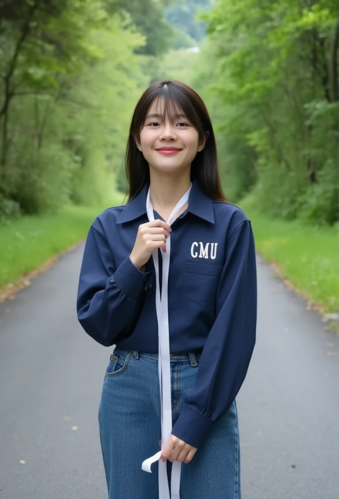 A photography of thai woman 18 years old wearing , The navy collar long-sleeved shirt has , has the word white "CMU"  small on the pocket on the left pocket. , Long Legged Jeans,Standing on a paved road ,In the middle of the forest ,The , draw ,Hold the white ribbon with both hands in front.,Smile widely