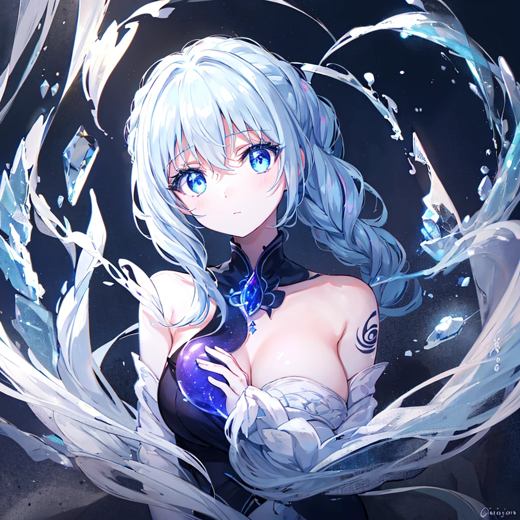 In a dark space illuminated by glowing bubbles and a crescent moon, a luminous cute girl is depicted in profile. Her face is serene, and she emits a soft light that contrasts beautifully with the surrounding darkness. She has ice crystal-patterned tattoos that glow with light blue neon on her skin, adding a mystical aura to her appearance