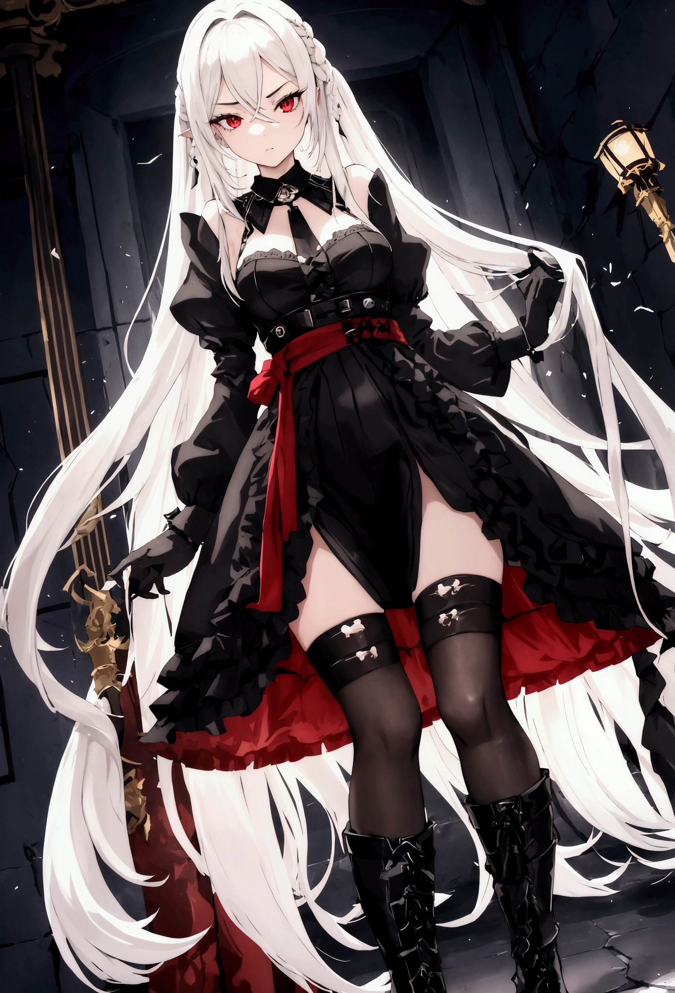 Girl, 20 years old, with long white hair down to below her waist, a serious yet tender expression, and red eyes. Her hair features black streaks. She wears antique-style clothing, a long black dress with a slit on the legs, and high black boots that almost reach her knees. Her power and background are related to shadows and darkness. dark escense, figth stance, detailed