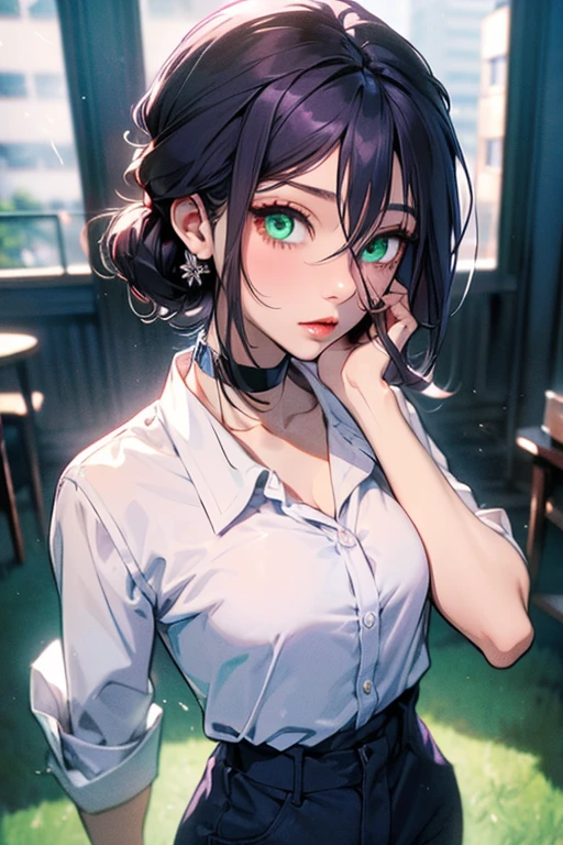 (best quality: 1.2), clean face, (masterpiece: 1.2, 8k) perfect anatomy, 1 girl) a beautiful fashion model ,(masterpiece, official art, best quality shiny hair, straight black hair with streaks in hair, full lips, small breasts, blazer school uniform, short skirt, thong straps, (dark makeup, piercings), shiny breasts, shiny skin, looking at viewer, college student, horizontal, lounging, a single girl, scene haircut, dark makeup, dark eyes, (slender, skinny, slight frame, small breasts), ((emo, scene girl)), classroom, hair over one eye