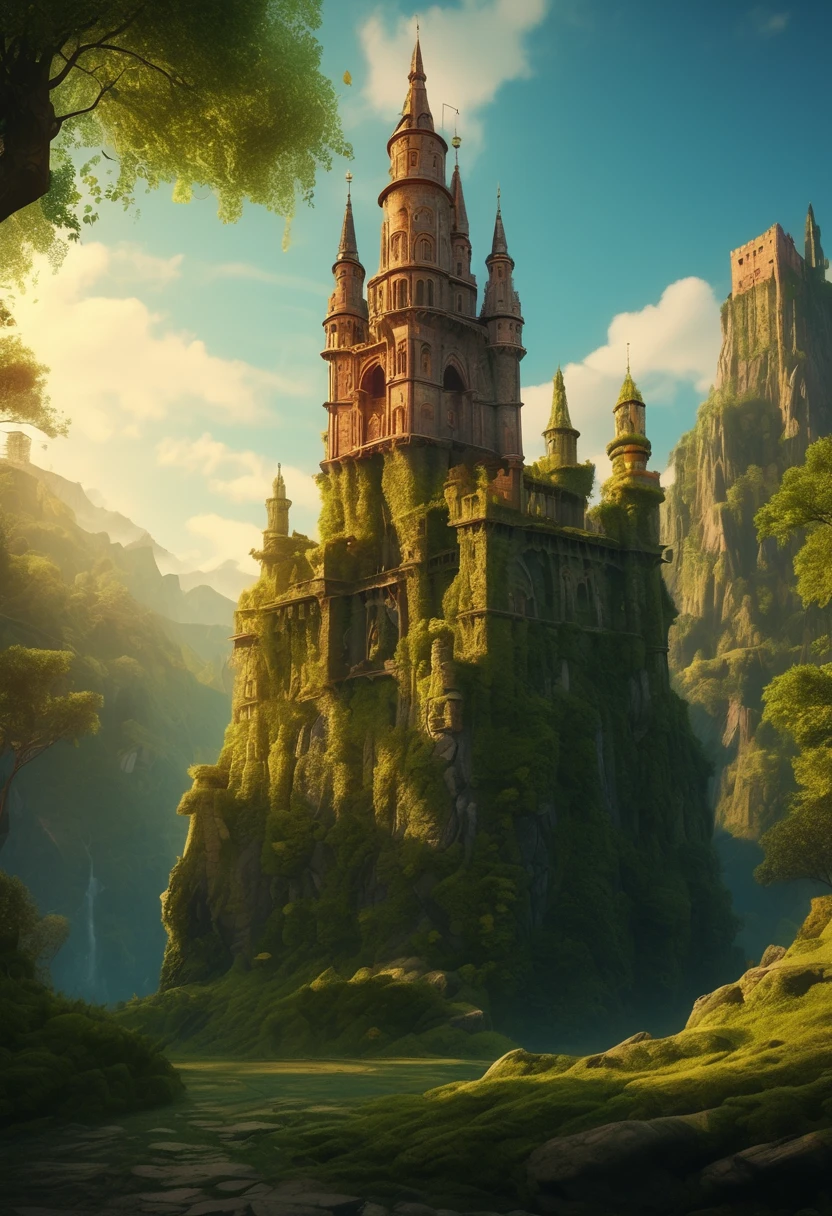 (detailed CG unity 8k wallpaper, masterpiece, best quality, ultra-detailed, HDR:1.2), {4k texture} {renaissance}. old mossy tower. depth of field, detailed matte painting, vibrant color, intricate detail, splash screen, complementary colors, fantasy concept art, Unreal Engine 5