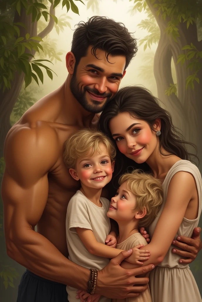 couple, of blond man, high, muscular, and young, a black-haired woman, Blue-eyed, with a smile, carrying a baby boy, and the man carrying a female baby.