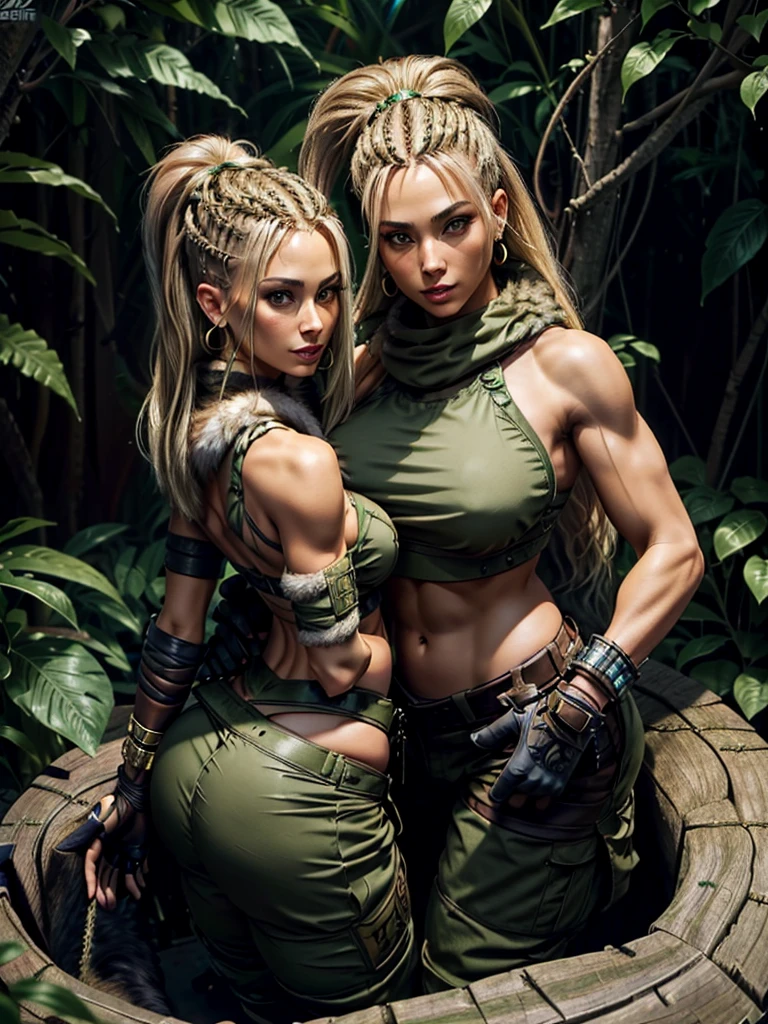 Full body shot of a single sexy blonde bimbo warrior woman in the jungle woman holding shotgun. ("Slim narrow masculine hips"), ((small) high profile breast), (breast implants contours visible), ((nipple piercing)), ("big blonde hair on braids"), ((sexy smile)), full big (bimbolips), muscular arms, ("slim narrow hips"), (("high profile bubblebooty ass")), dark tanned skin, "topless", balaclava under neck, ((green) tactical cargo pants), (((fur) detailing on clothes)), (combat boots with (fur detailing)), gold jewellery, extra wide gold hoop earrings. Mercenary, gh0st, ((sexy booty pose)), in the jungle. photorealistic, 8K, UHD, ultra high quality, intricate detail, detailed extremely beautiful sexy face. NSFW.