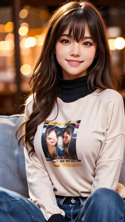 (top-quality、​masterpiece:1.2)、Best Quality、realisitic、photoshot、hight resolution、1080p、8K、Textured skin、Physical Rendering、1 Japan Girls、High school students、kawaii、Young Face、Rolled hair、(Long-sleeved shirt:1.5)、Sit on the sofa in the room、Bare legged:1.5、full of shyness、smil、Big