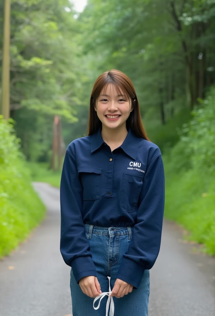 A photography of thai woman 18 years old wearing , The navy collar long-sleeved shirt has , has the word white "CMU"  small on the pocket on the left pocket. , Long Legged Jeans,Standing on a paved road ,In the middle of the forest ,The , draw ,Hold a short white ribbon with both hands in front.,Smile widely