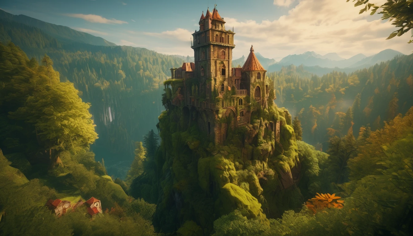 (detailed CG unity 8k wallpaper, masterpiece, best quality, ultra-detailed, HDR:1.2), {4k texture} {renaissance}. old mossy tower. depth of field, detailed matte painting, vibrant color, intricate detail, splash screen, complementary colors, fantasy concept art, Unreal Engine 5