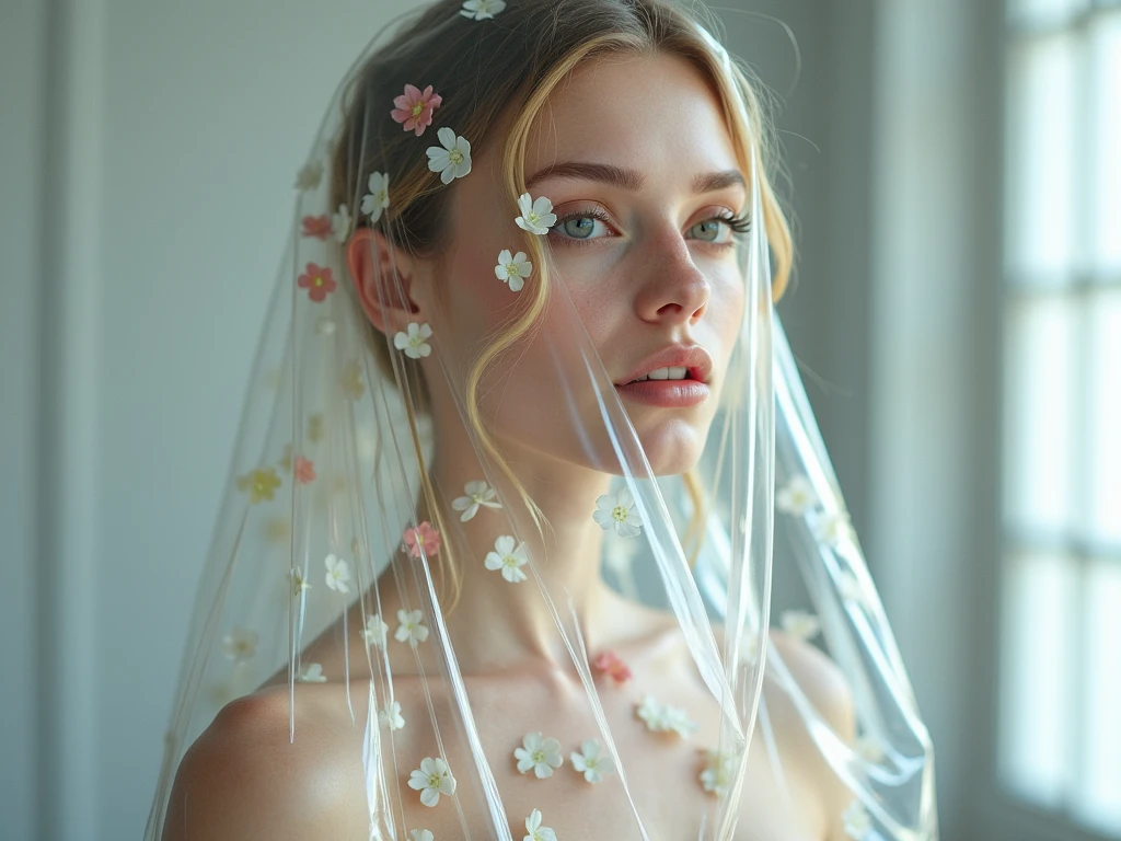 Professional model fair skin posing in a fashion photoshoot、This is a super realistic photo. She is completely wrapped in a transparent film, Under the film there are many flowers covering the skin. The shot is a mid-body shot.