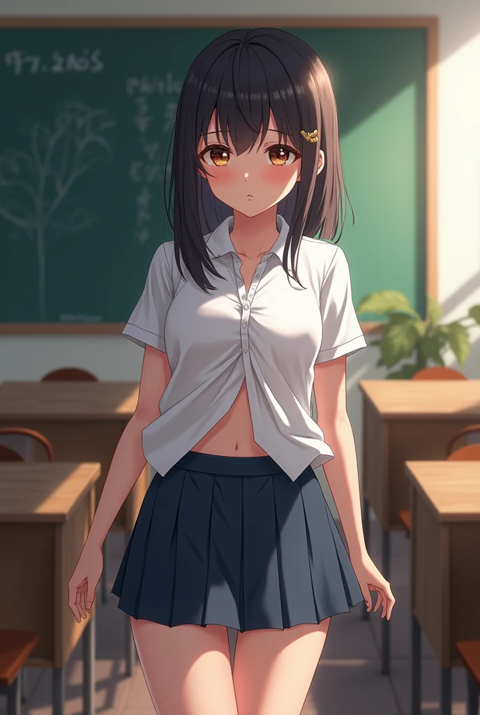 ((1 girl))、(smile:1.3)、small breastsのヌード、（cowboy shot）、(fun!!)、(white cardigan:1.5)、(blush:1.4)、(single braid)、Chest roll-up clothing,pull clothes，((flat chest:1.3))、((I can see your nipples:1.5))，(), No bra, (black skirt)，look down, ((classroom:1.5))Upper body，classroomのシャツロールアップシャツセーター高解像度，look down, Upper body，Fair skin,classroom，small breasts，shaved pussy、