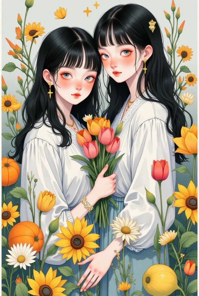 2girls,artist name,bangs,black hair,blunt bangs,blush,bouquet,branch,camellia,carrot,cross,cross earrings,daisy,dandelion,dress,earrings,flower,flower earrings,food,fruit,gradient,gradient background,grey background,holding,holding flower,jewelry,leaf,lemon,lily \(flower\),lips,long hair,long sleeves,looking at viewer,mandarin orange,multiple girls,necklace,orange \(fruit\),orange flower,orange nails,orange slice,photo \(medium\),plant,pumpkin,red lips,short sleeves,signature,star \(symbol\),sunflower,tulip,yellow flower,yellow rose