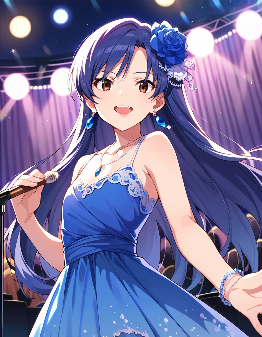  score_9,  score_8_up,  score_7_up, sauce_Anime,
 1 girl, Alone, concert, sing, smile, Serious,  open your mouth,  microphone stand, BLUE STAGE ,  lace curtains, (cigarette:1.2),   stage lights , 
 ksrgchy,  very long hair,  blue hair, bangs,   Brown Eyes ,  flat chested, 
Luxury Dress,  blue dress , Lace trim,  sleeveless,  evening dress , Hair accessories, Hair Flowers,
lipstick,   jewelry,   earrings for a woman alone,  Necklaces ,  bracelets staring at the viewer,