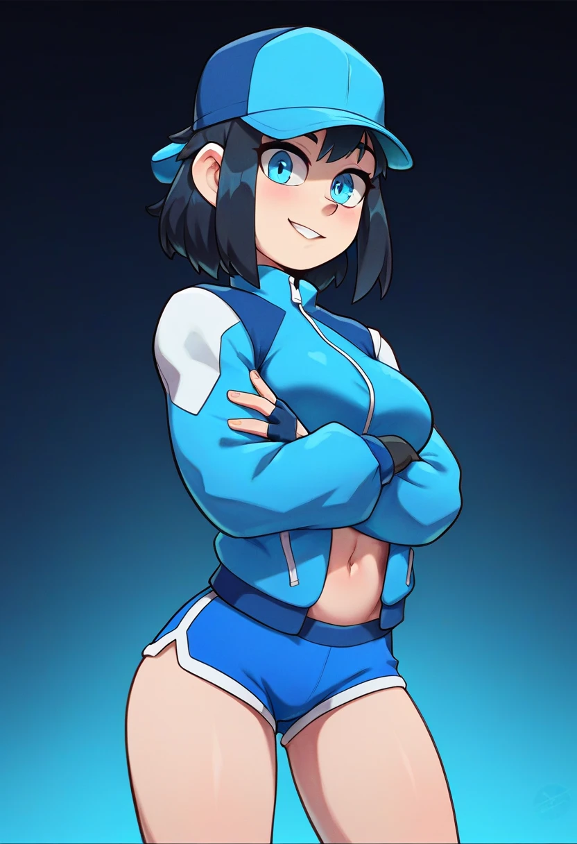 best quality,ultra detailed,solo,score_9, score_8_up, score_7_up, score_6_up, score_5_up, score_4_up, source_anime, 1girl, clara, blue hair, hair tubes, grey eyes, bodysuit,big breasts, sexy pose, (front view,portrait),full body,heavenly ass, heavenly breasts, big ass, no shoes, wearing black heels, upset, cute, face, long legs, tight bodysuit, tight sleeves, black bodysuit, half-closed eyes, backside, purple core, prepareing soccer kick