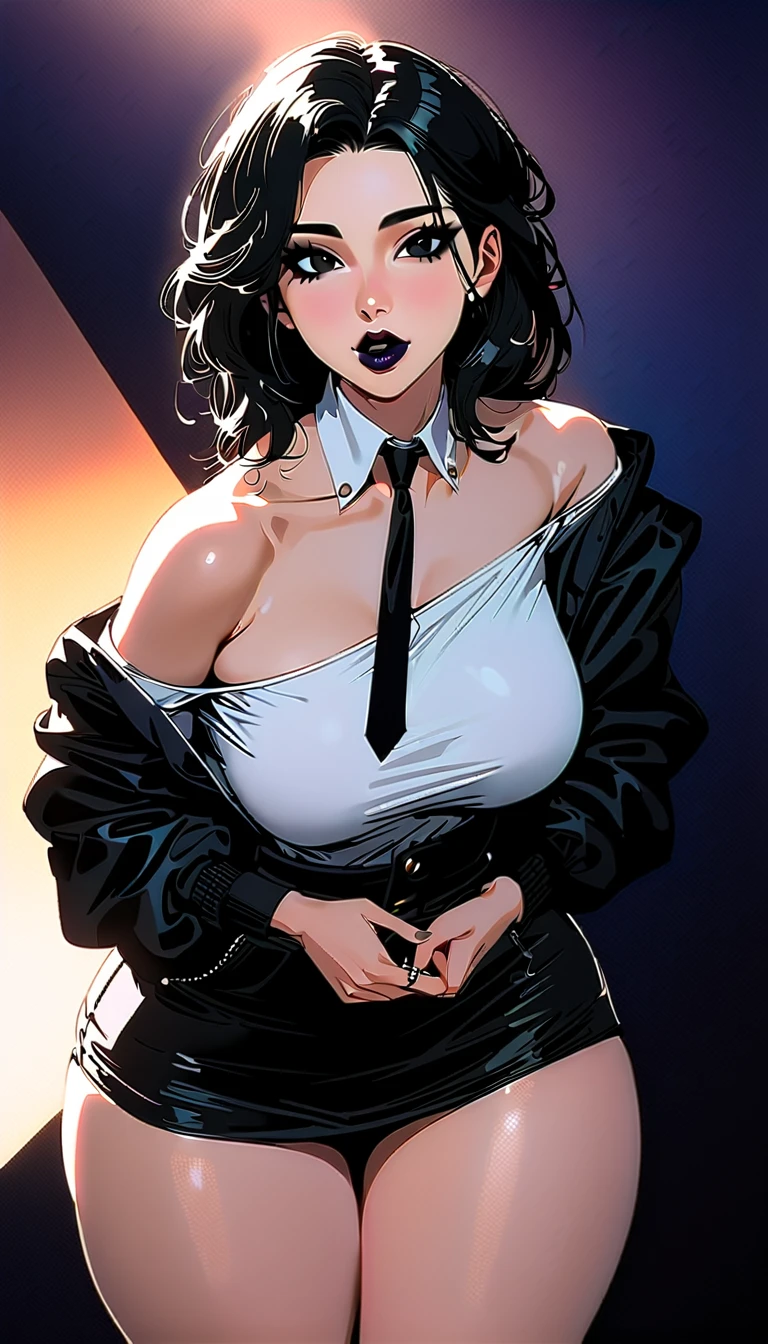 1girl, Latina woman ((no shirt, black tie, suspenders, leather mini skirt, massive breasts: 1,4, colossal cleavage: 2.0, exposed breasts)), luminous skin, exquisite face, round face, steady look, ponytail multicolored hair, slender waist, wide hips, glowing mouth, thick-thighs, muscular arms, grinning, bulging woman, symmetrical eyes, detailed hands, detailed eyes, attractive body, Beautiful and symmetrical body, perfect body, curvy body. striking a delicate pose