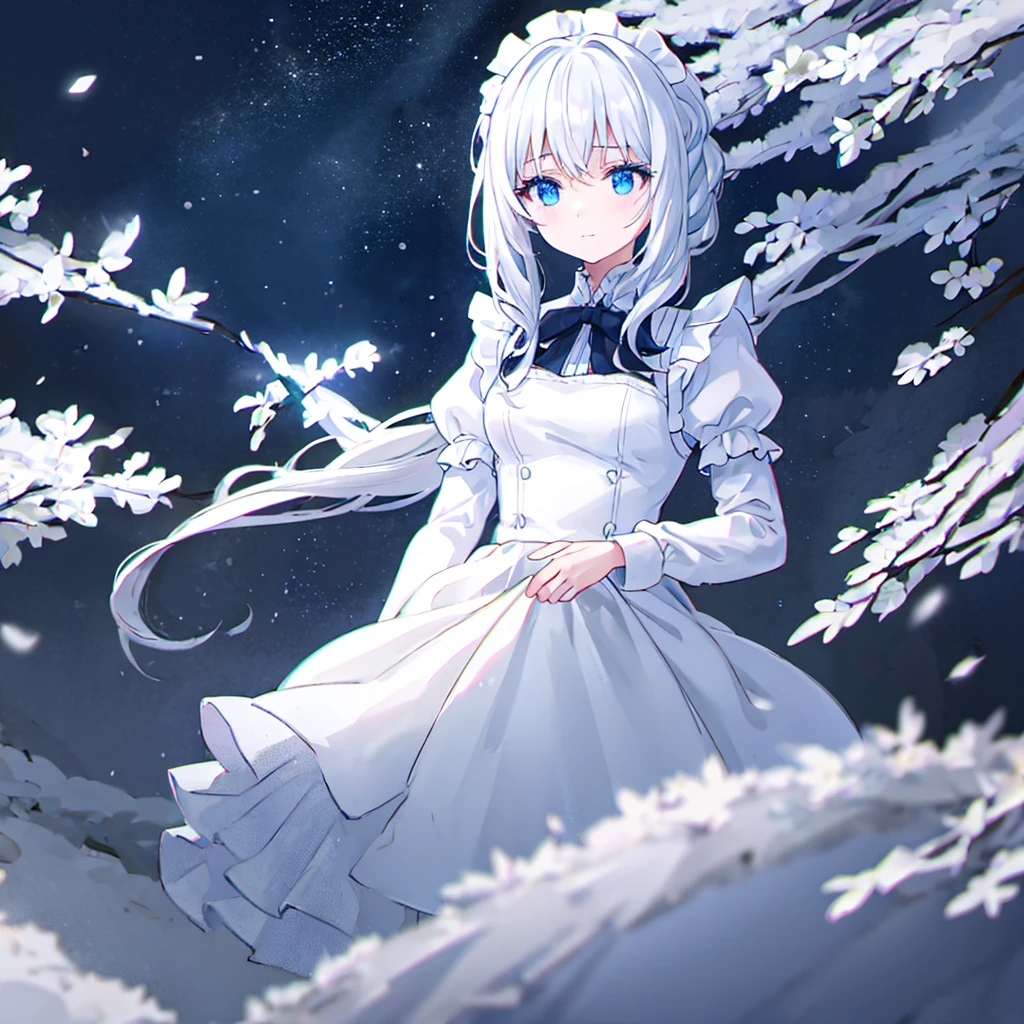 maid glowing with neon lines, with flowing white hair, a soft smile on her face, surrounded by falling snowflakes, standing in a dreamy and fantastical atmosphere, high contrast lighting