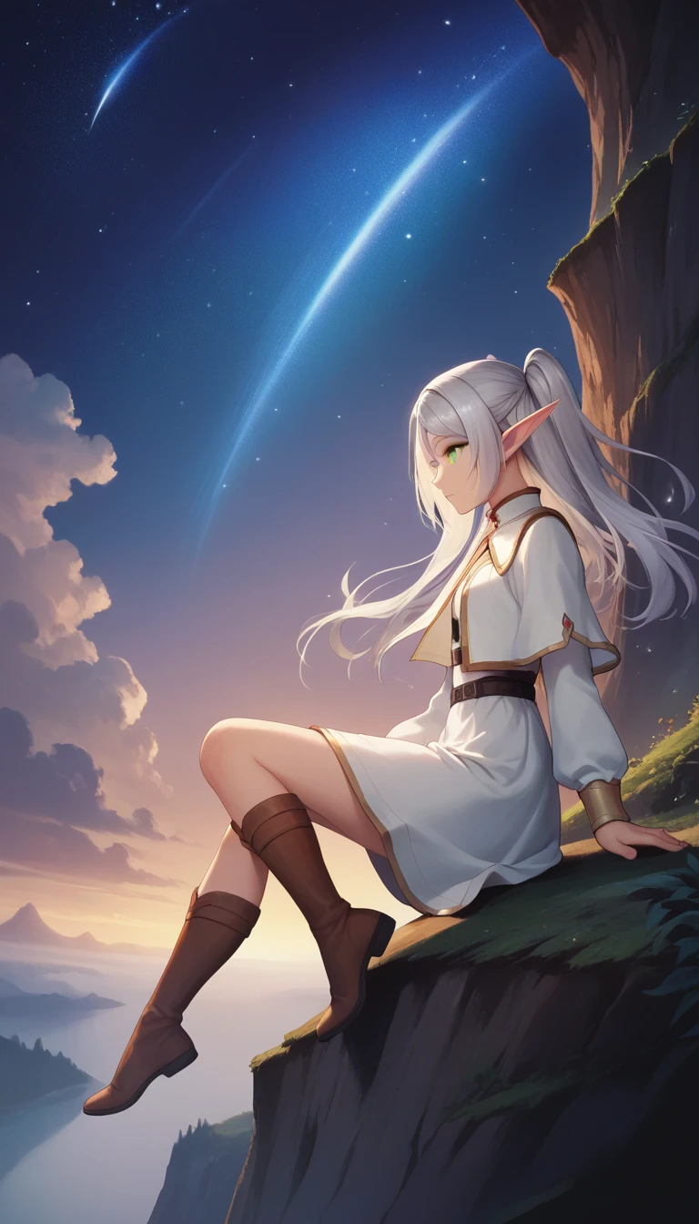  (((Twintail silver-haired elf girl sitting on the edge of a cliff 1.9))), beautiful glossy hair ,White clothing, sitting on the edge of a cliff ,It seems like it's falling even now ,Frielen,(((Elf 1 .9))),profile, super high definition ,8k,Spectacular views,evening,Akane Sora , starry sky ,cloud, Detailed Illustrations,  masterpiece , Official Art, One Shot,High-resolution wallpapers,motion blur,