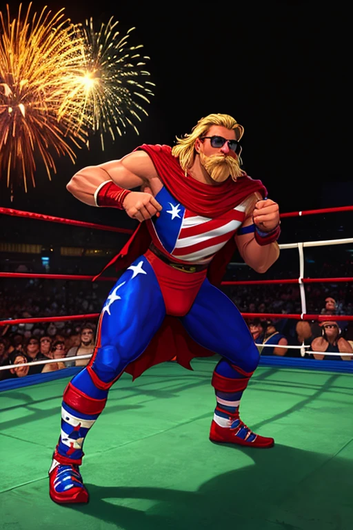 Patriotic 90s wrestler, American gladiator style, blonde mullet, thick mustache, red-white-and-blue spandex, star-spangled cape, oversized sunglasses, over-the-top confident pose, fireworks in the background, vintage wrestling ring, energetic and bold personality, dramatic and retro action vibe, 

Masterpiece, Anatomically Correct, Best Quality, Detail, 