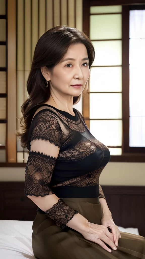 High image quality, High image quality, Attention to details , masterpiece,(An aging body), is anatomically accurate , sharp, (( Japanese:1.1)),((Mature Woman)),(90 years old:1.5),( Wrinkles on the outer corner of the eye),Dark brown hair ,(Long Hair:1.1), bangs,((( bed ))), Be in the center of the screen,Looking Ahead,(sheer knitted blouse :1.4),( tight skirt :1.2),( Head to Thighs :1.1),In the bedroom,( serious expressions:1.2),(elder:1.7),housewife:1.3,Narrow Face, no bra,
