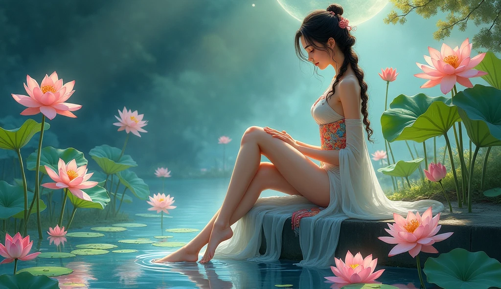 nude girl art, Full tattoo, (Masterpiece, Top quality, Best quality, Official art, Beautiful and aesthetic: 1.2), (1 flower), full body, Extremely detailed, (Fractal art: 1.3), Colorful, More detailed , “ Best Quality”, “Masterpiece, slight smile, open legs, view of pubic hair, 1 sexy girl in transparent forest clothes, exposed breasts, open transparent t-shirt, tattoos of mandalas and flowers, Best quality, black hair fused into the flow of water, naked girl, beautiful visible pubic area, small breasts visible, pond of water in the garden, tattoos of mandalas and flowers on the naked body, old floating clock, lamp, lantern, skin wet with water, ( (floating bed in pond)), ((beautiful girl lying in bed)), fantasy, view from above, legs open, crystal clear water showing stone bottom, (((girl sleeping in bed, floating bed in pond water))), lotus flower, lotus flowers, realistic oil painting, visible pencil drawing strokes, closed eyes with long eyelashes, magical princess dream, night light with lamps, wlop artistic style,