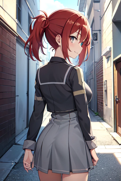 1 girl, Alone, (yuuki yuna), yuuki yuna wa Yuusha de aru, Yuusha de aru, hair between eyes, red hair, red eyes, (red hair, side ponytail, short hair, hair ornament:1.1), (18 years old:1.3), (large breasts, 170cm tall:1.2),
break, (High school uniform, gray dress:1.2), black thighhighs,
break, standing,
break, smile,
break, (from back:1.2), cowboy shot,
break, (outdoor:1.2), (back alley, Back Alley:1.3),
break, (best quality, masterpiece, detailed:1.3), HD, anime colored, (beautiful detailed eyes, extremely detailed face:1.2), perfect lighting, extremely detailed CG, (perfect hands, perfect anatomy), (nsfw:1.2),