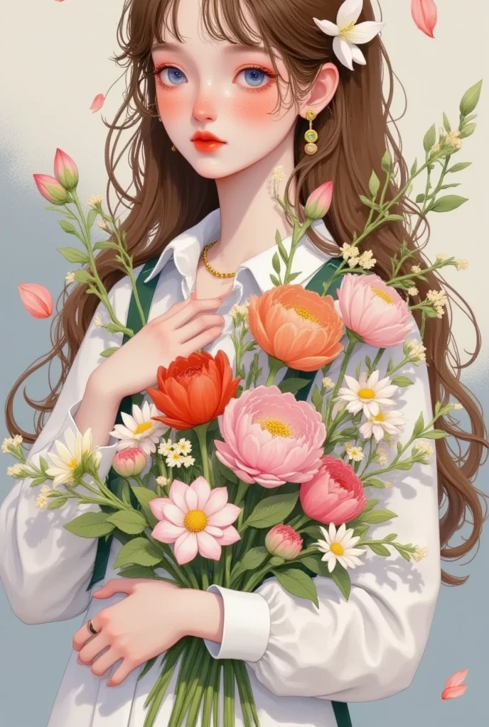 1girl,artist name,bangs,blue eyes,bouquet,braid,brown hair,camellia,daisy,earrings,eyelashes,flower,gradient,gradient background,grey background,holding,holding bouquet,holding flower,jewelry,leaf,lily \(flower\),lips,lipstick,long hair,long sleeves,looking at viewer,makeup,parted lips,pink background,pink flower,pink rose,red flower,red lips,red rose,rose,solo,tulip,upper body,wavy hair,white flower,white shirt