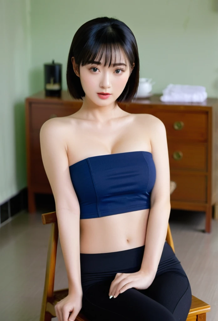 (8K, Raw photo, Highest quality, masterpiece:1.2), (Realistic, Photorealistic:1.37), Ultra-detailed, Ultra-high resolution, 1 girl, Seeing the viewer, Beautifully detailed face, Laughter, narrow, (Slim waist) :1.3), shortcut, Beautifully detailed skin, Skin texture, Dark hair, Short hair, Bob, Professional Lighting, (Blue short-sleeved summer knit), Human whole body