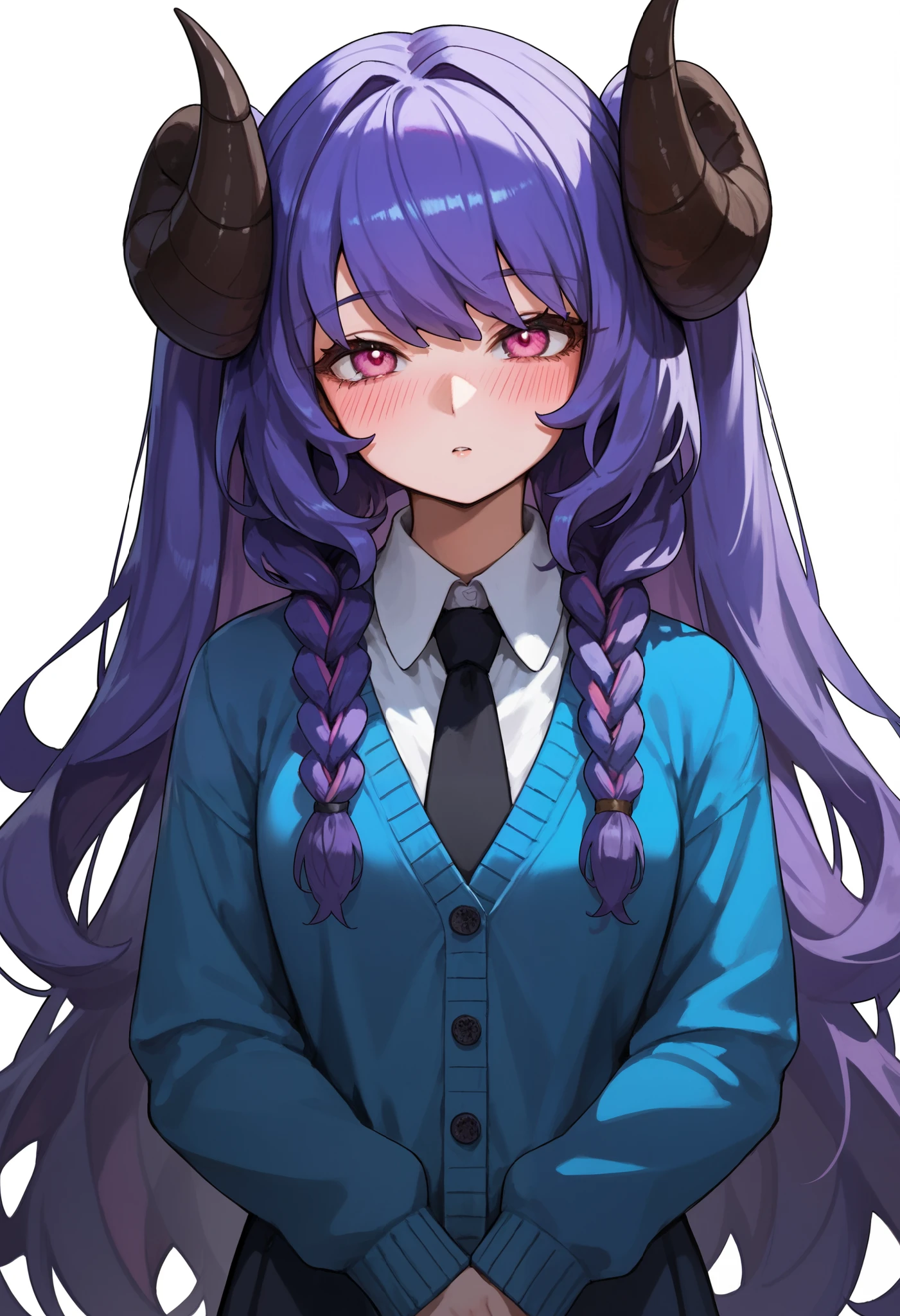 Masterpiece, anime, 1girl, Sbkin, sheep girl, long hair, purple hair, ((twintails)), big hair, braids, curved horns, pink eyes, (blue cardigan), white shirt, collared shirt, black tie, leaning to side, hands together, hands out of frame, looking at viewer, blush, white background, blue frame, score_9, score_8_up, score_7_up, unaestheticXL_bp5