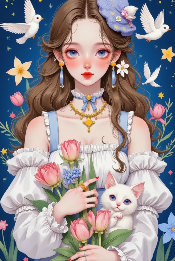 1girl,animal,animal on shoulder,bird,blue background,blue eyes,bow,brown hair,brown headwear,bunny,cat,dove,dress,earrings,hat,hat ribbon,holding,holding animal,holding cat,jewelry,lips,long hair,long sleeves,looking at viewer,owl,parted lips,red lips,ribbon,saint quartz \(fate\),seagull,seashell,shell,simple background,solo,star \(symbol\),star earrings,star hair ornament,star necklace,star pasties,star print,stash,starry background,straw hat,sun hat,upper body,white cat,white dress