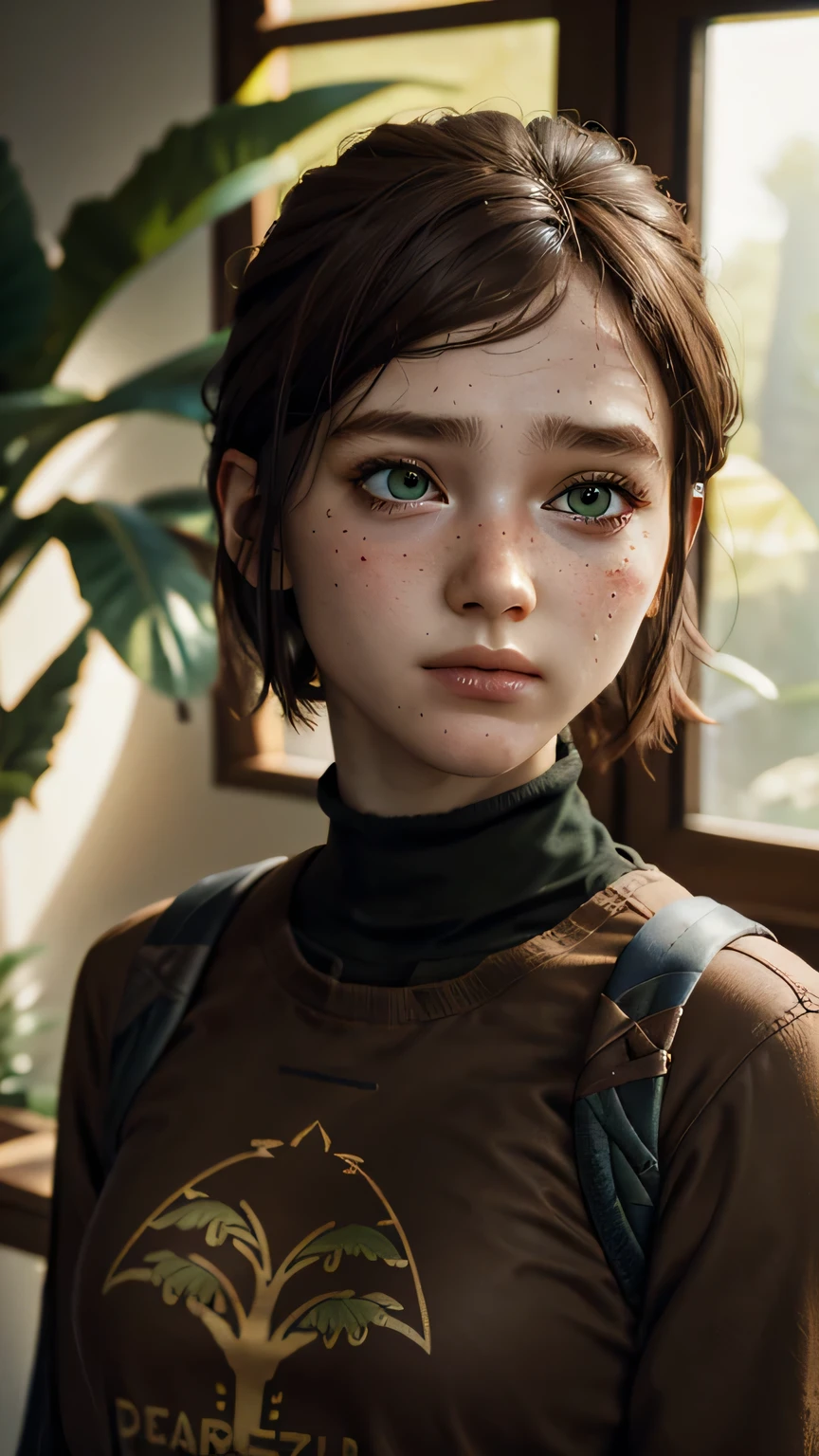 A stunning and intricate full color Ultra-HD portrait, a girl, short brown hair, green eyes, detailed face, turtleneck dress or brown t-shirt, with 2 pale yellow palm tree logo, in a room with a window. no plants, epic character composition, alessio albi, nina masic, sharp focus, natural lighting. , subsurface dispersion, f2, 35mm,
