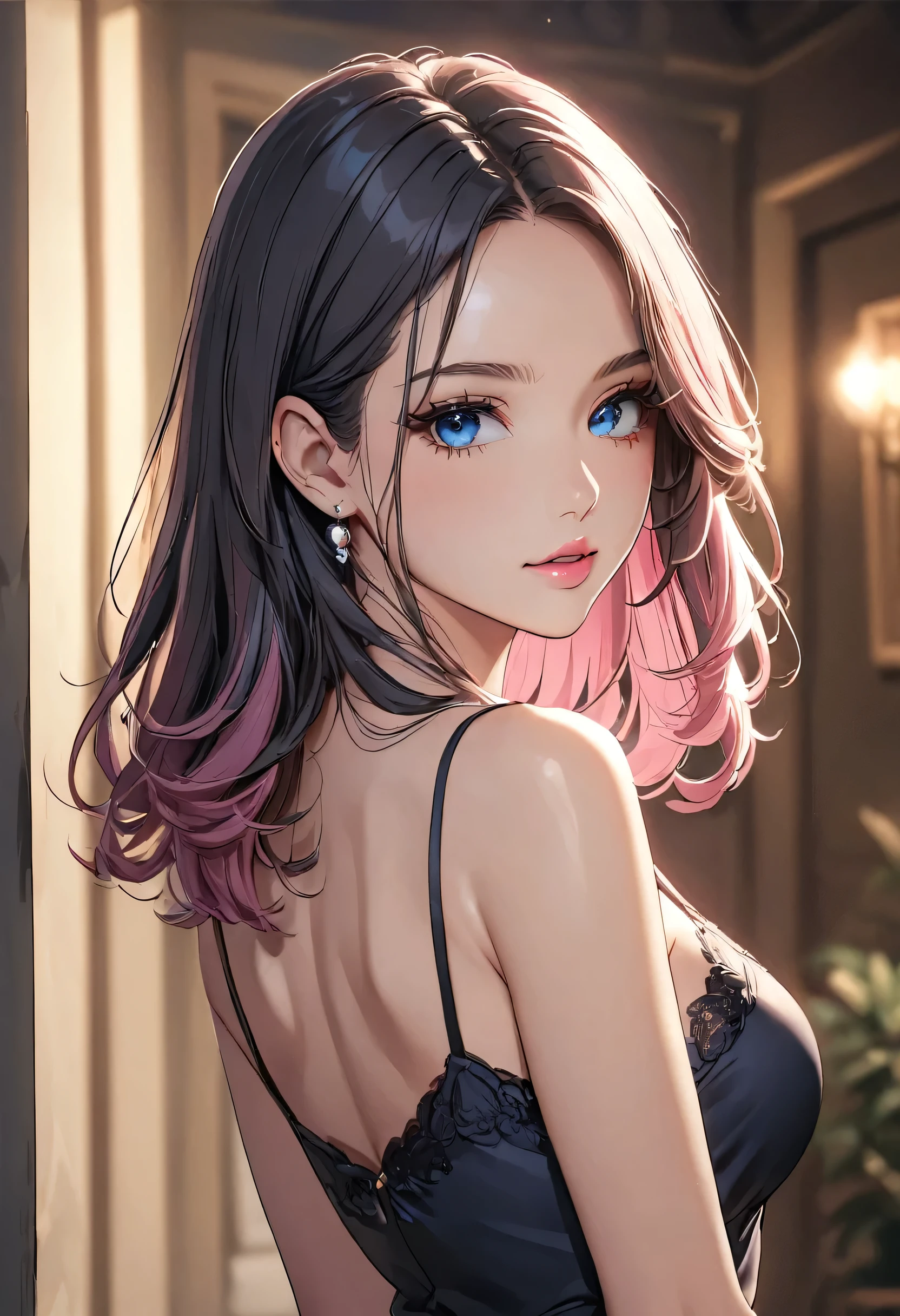 (black Sheer silk camisole), BREAK (8k, RAW photo, best quality, masterpiece:1.2), high quality, ultra high definition, (extremely detailed wallpaper), (sharp focus:1.5), crisp details, rich colors, vibrant details, intricate details, BREAK soft lighting, cinematic, BREAK (pink lips:1.3), BREAK (beautiful detailed face:1.5), (symmetrical face:1.3), (blue eyes:1.4), (beautiful eyes:1.5), meticulous eyelash details, BREAK (dark gray long straight perm:1.5), parted bangs, (forehead:1.3), (low hair volume:1.7), (Parted Bangs:1.3), BREAK (slender neck, visible clavicle:1.2), outdoors, A cityscape illuminated by the full moon, ((face shot:1.7)), (from behind:1.3), (looking back:1.3), ((extreme close-up:1.7)), (face-centered composition:1.7), (focus on face:1.7), (bust-up shot:1.7), (tighter framing:1.5), Bewitching grace