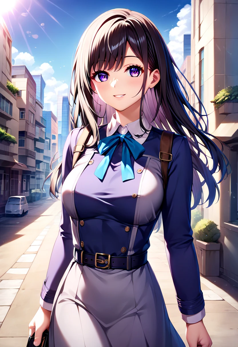 (Masterpiece, Ultra-high resolution, 8k, High Quality, Top quality, High-Detailed, Detailed CG, Cinematic Shadow:0.5, Beautiful Detailed Eyes, Ultra Resolution, Depth of Field, High Resolution, Masterpiece: 1.2), (Anime Art style), (cowboy shot), (day:1.4), (city:1.4), 1girl, solo, inoue takina, purple eyes, middle hair, black hair, neck ribbon, collared shirt, two-tone dress, blue dress, grey dress, long sleeves, belt, lycoris uniform, middle breasts, beautiful breasts, smile, walking,