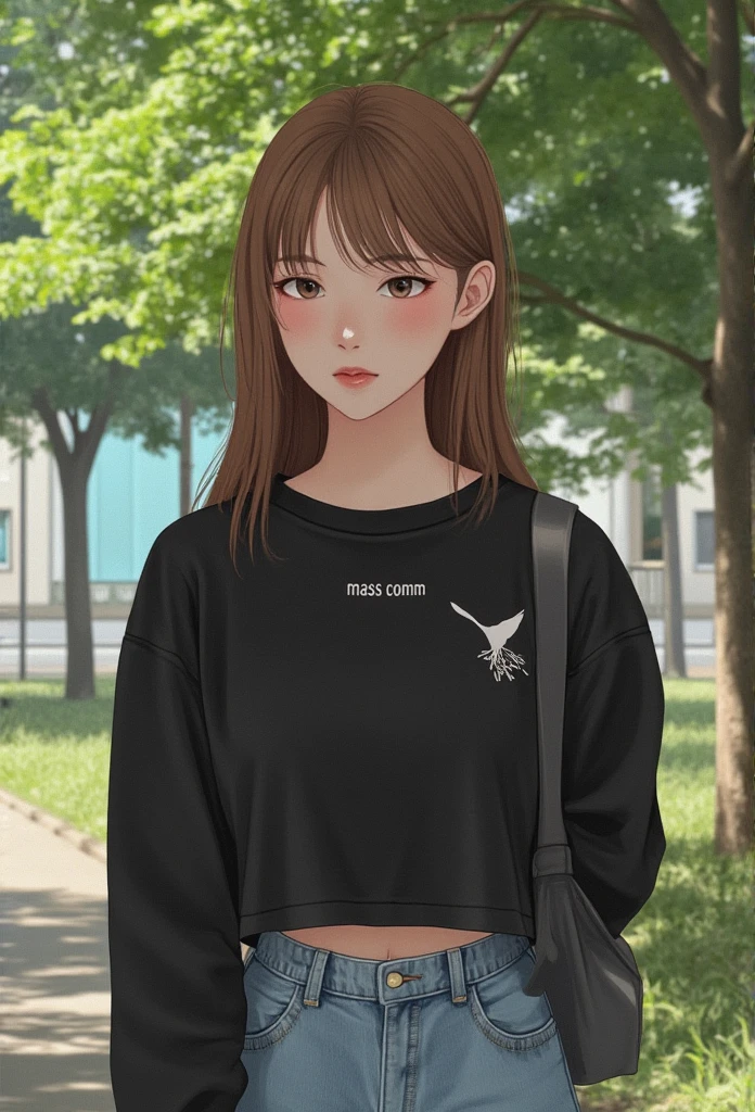 , creating a picture of a slim, pink-skinned teenage girl with pink-white skin, long light brown hair with a plunging look, wearing a crop-top black long-sleeved shirt with the  "Mass Comm"  and a white bird embroidered on the front,   ((There is a ribbon )), of dark gray draped over the shoulders, writing that  "MASS COMM"   wearing straight-leg light blue jeans, stands outdoors in a park with shady trees.  