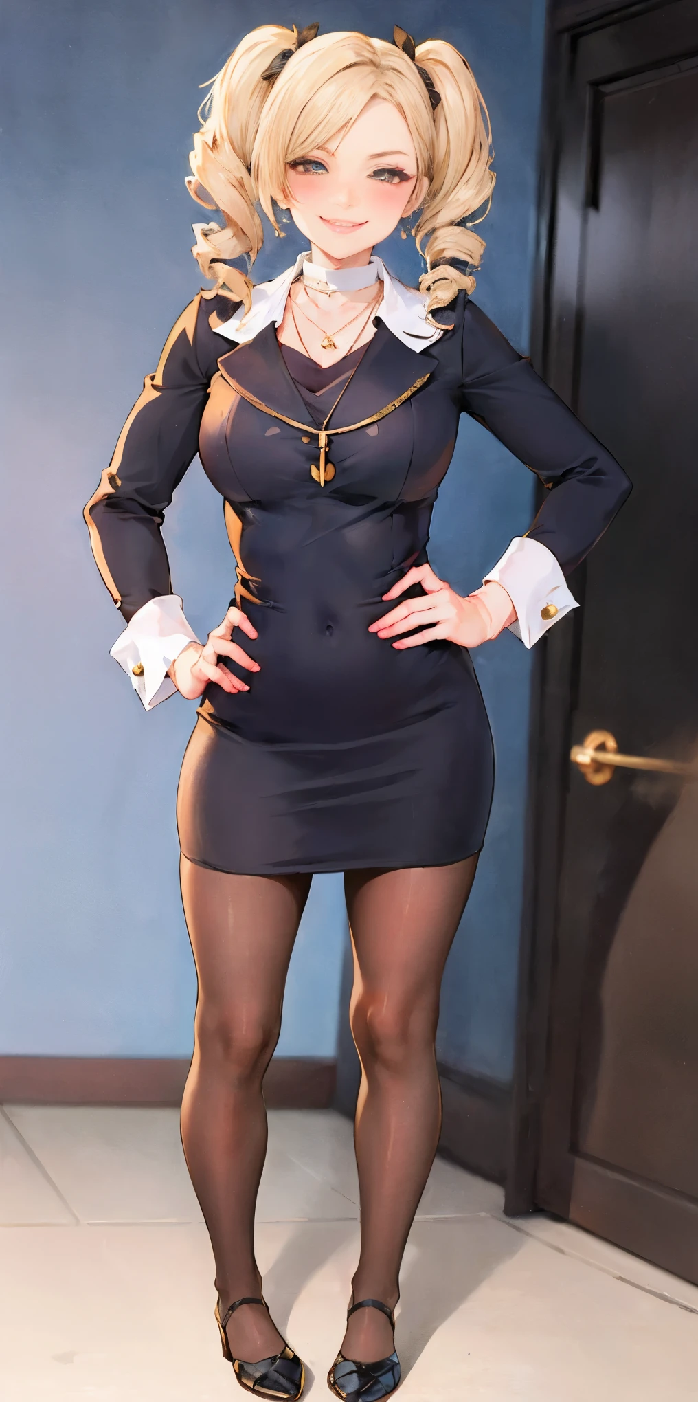 1solo Milf full body standing straight symmetrical, looking at viewer, hands on hips, twin drills twin tails, striped pantyhose, golden handcuffs on their hands with a black leather collar around the golden heart necklace, hands on hips, lustful smirking smile face red blushed . Alexis Texas.