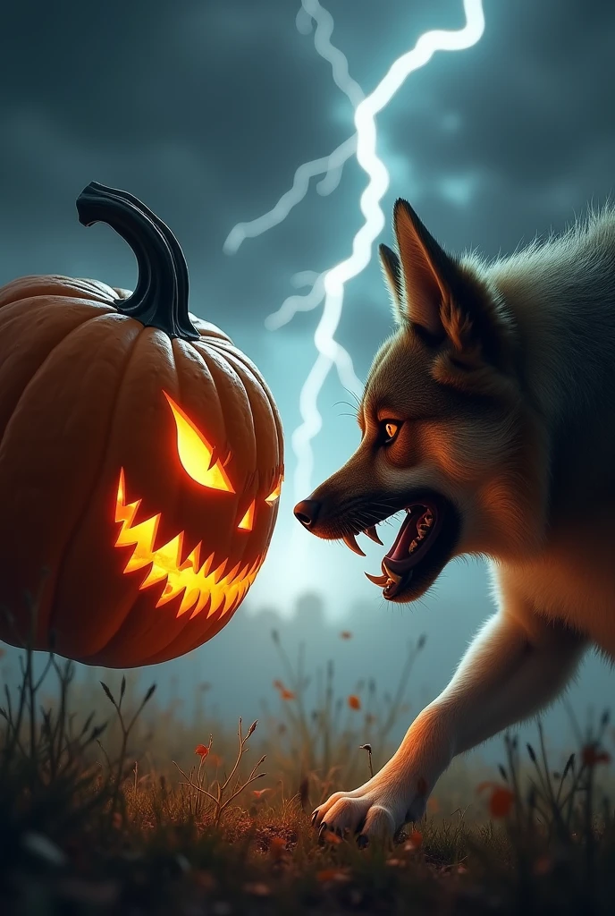 Scared animals running away from an evil apple with a sewn on leather face at night