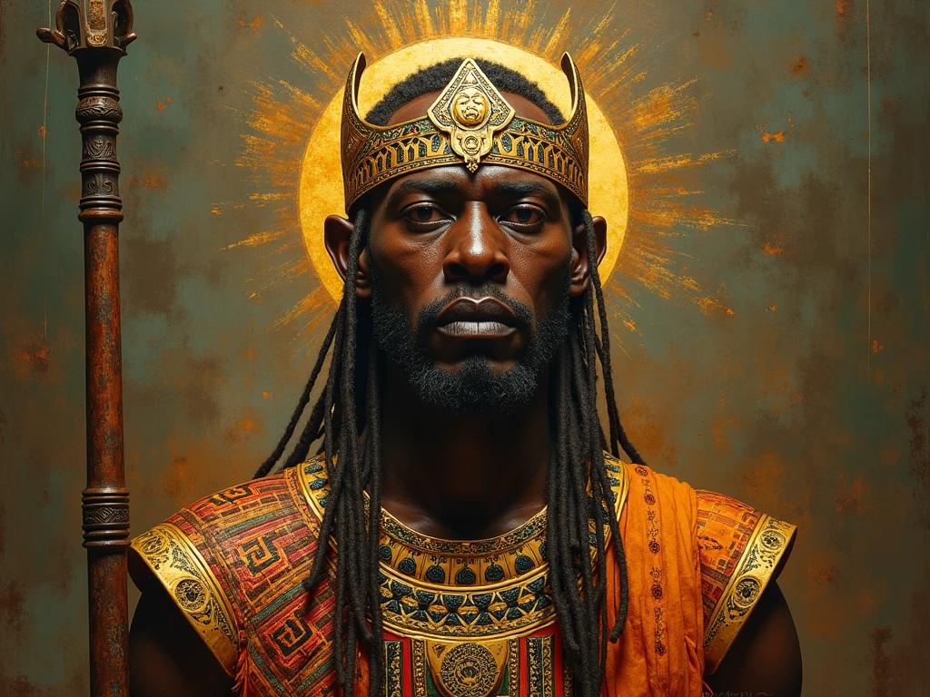 Black African man with thick lips, muscular, black hair braided with cowrie shells, wearing a crown of fire and a double axe in his hand, sitting on a copper throne with two lions at his side