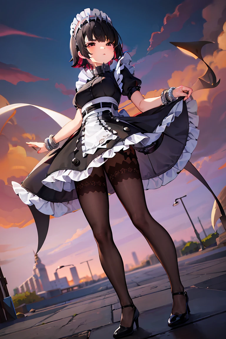 (((Best quality,4k))),1girl,standing,maid,black frilled skirt,pantyhose,maid headdress,silver bracelet,high heels,black hair,very short hair,expressionless,street