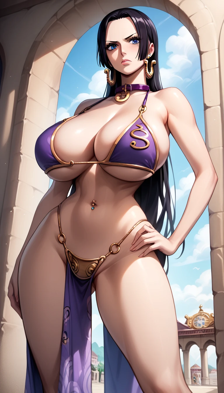 Boa Hancock, long hair, blue eyes, source_anime, best quality, solo, clear face, huge breasts, perfect body, slave, slave bikini, palace, dynamic angle, high leg thong, from behind, big ass, wide hips, purple navel piercing, purple pelvic curtain, black hair, hand on hip, annoyed, turned around, bent over, showing ass