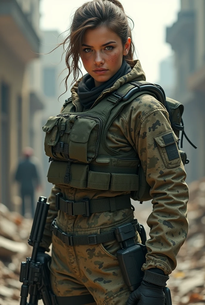 ((masterpiece、top-quality、realisitic、ultra-detailliert、hight resolution、Photorealsitic、foco nítido、lighting like a movie))、Stunning portrait of a beautiful woman、bustshot、Focus from the chest up、sad Facial expression、Beautiful detailed eyeedium Hair、Army camouflage uniform、Camouflage Tactical Vest、Long trousers with camouflage pattern、Combat gloves、rucksack、Black Military Undershirt, White smoke、Detailed hand depiction、Latina, Gaza city in the backgorund, large breast