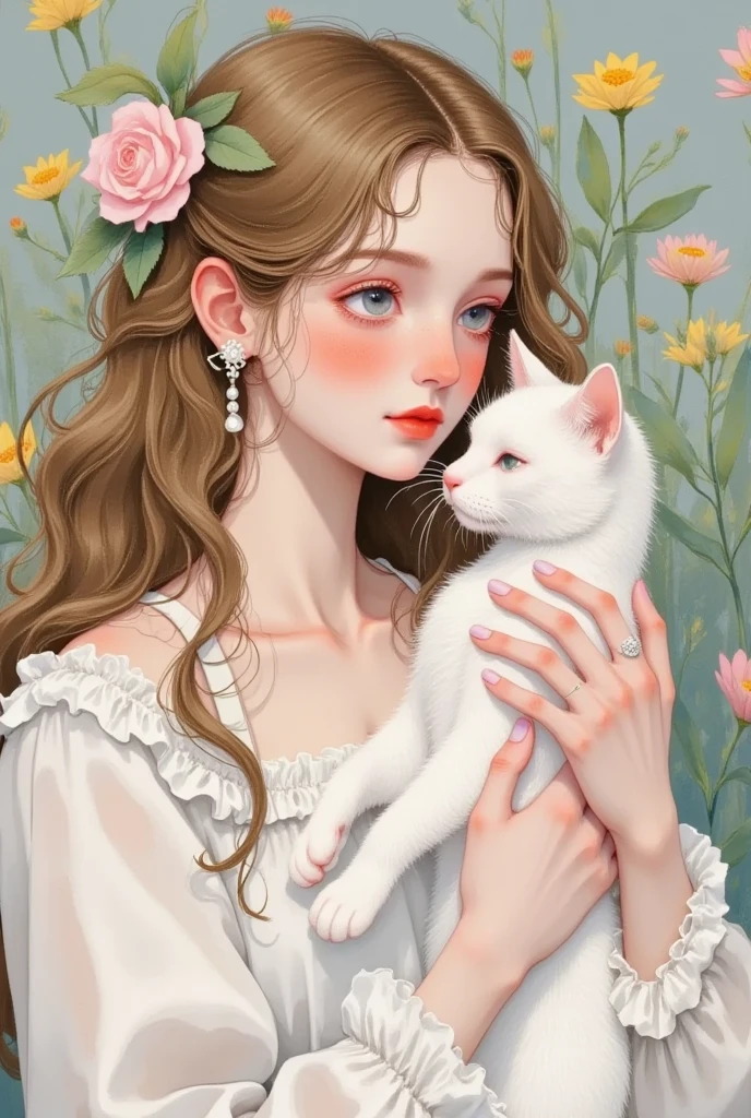 colored pencil sketch，Pastel Art，Watercolor：Close-up of a beautiful girl holding a white cat