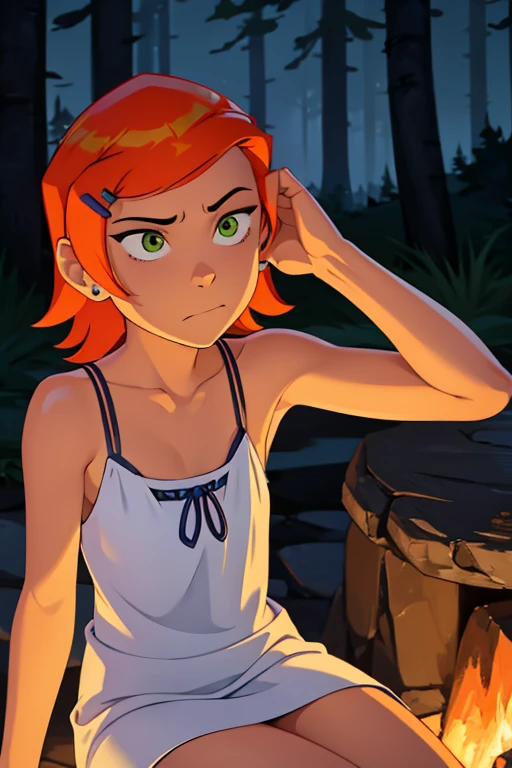 (Masterpiece), Best Quality , ultra-detailed, 1girl (Gwendolyn_Tennyson, breasts, naked body, orange hair, short hair, green eyes), a come-hither face, parted lips, solo, facing viewer, looking at viewer, sundress, forest, in the mountain cabin, night time, dark lighting, standing, come-on