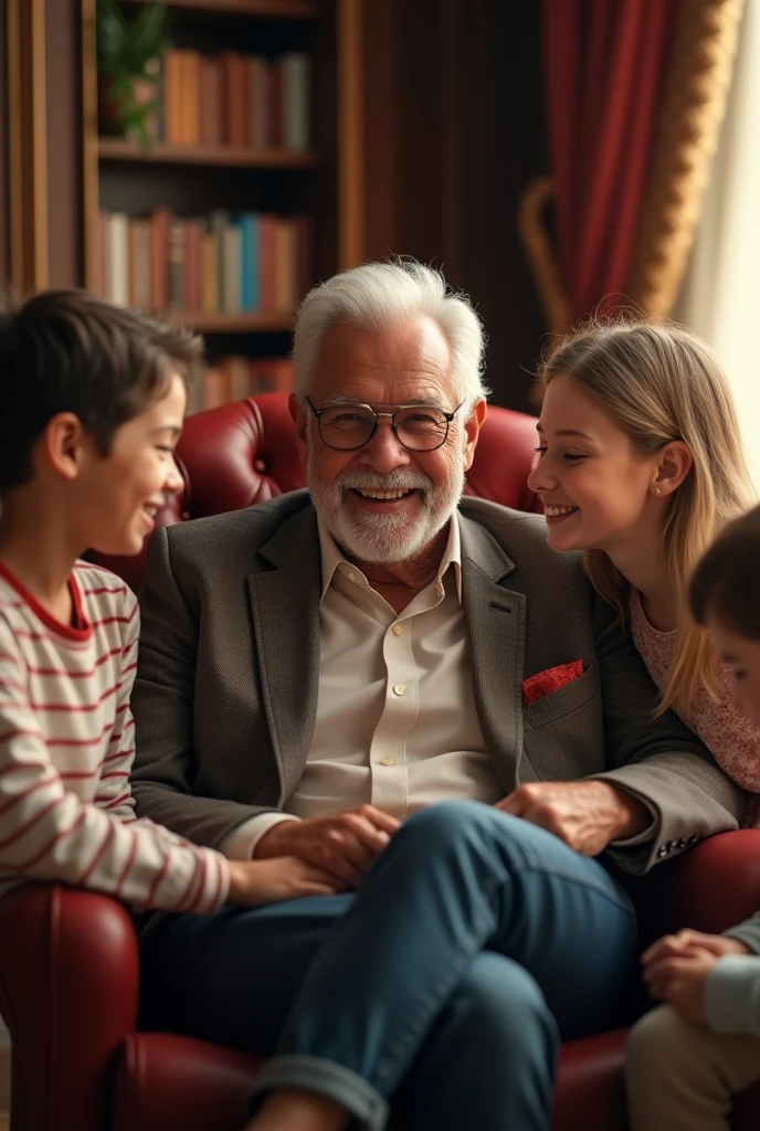 Rich man sitting on couch with his arm against his 4 children